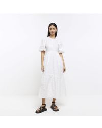 River Island - Smock Midi Dress White Textured Puff Sleeve Cotton - Lyst