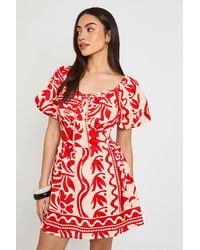 Boohoo - Floral Print Linen Look Volume Sleeve Mini Dress - Lyst