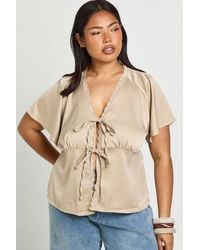 Boohoo - Plus Satin Lace Trim Tie Front Short Sleeve Top - Lyst