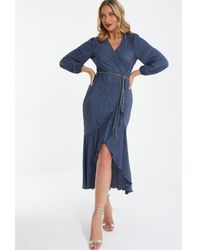 Quiz - Blue Textured Long Sleeve Midi Dress - Lyst