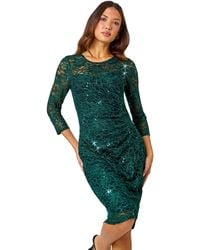 Roman - Sequin Lace Ruched Stretch Dress - Lyst