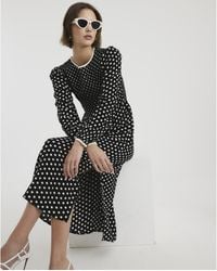 River Island - Midi Dress Long Sleeve Shirred Spot - Lyst