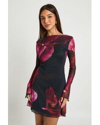 Boohoo - Blur Floral Mesh Flare Sleeve Mini Dress - Lyst