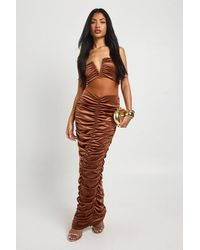 Boohoo - Velvet Mesh Plunge Ruched Maxi Dress - Lyst