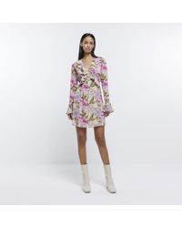 River Island - Mini Dress Long Sleeve Floral Viscose - Lyst