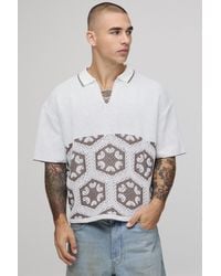 BoohooMAN - Oversized Boxy Spliced Crochet Tapestry Knitted Polo - Lyst