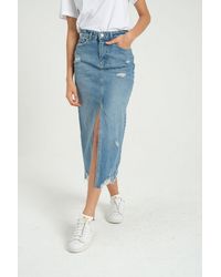 Hiccup - Denim High Waist Ripped Midi Skirt With A Front Slit - Lyst
