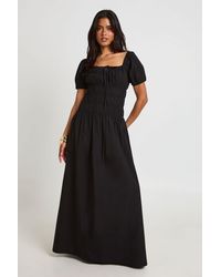 Boohoo - Cotton Poplin Shirred Bodice Puff Sleeve Maxi Dress - Lyst