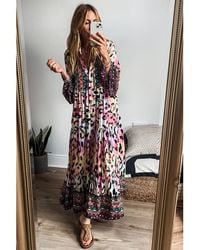 Azura Exchange - Western Leopard Printed 3/4 Sleeve Buttoned Front Tiered Maxi Dress - Lyst