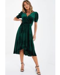 Quiz - Bottle Green Velvet Wrap Midi Dress - Lyst