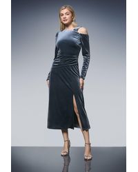 PRINCIPLES - Asymmetric Neck Velvet Midi Dress - Lyst