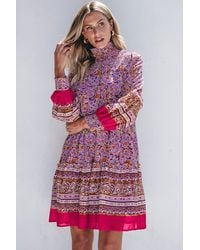 Azura Exchange - Paarse Bloemen Geplooide Puff Mouw Hoge Hals Mini Jurk - Lyst