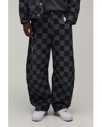 BoohooMAN - Barrel Fit Checkerboard Jacquard Denim Jeans - Lyst