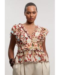 Karen Millen - Plus Size Tile Print Silk Cotton Ruffle Detail Woven Top - Lyst
