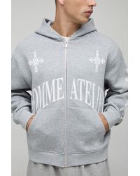 BoohooMAN - Oversized Boxy Zip Through Homme Print Cross Hoodie - Lyst