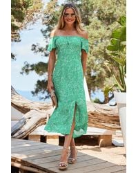 Sosandar - Floral Print Split Detail Bardot Dress - Lyst