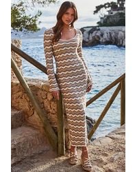 Sosandar - Natural Metallic Chevron Flared Sleeve Fine Knit Midi Dress - Lyst