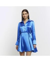 River Island - Mini Shirt Dress Satin Tie Waist - Lyst