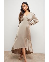 Oasis - Petite Satin Puff Sleeve V Neck High Low Hem Midi Dress - Lyst