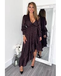 AX Paris - Plum Animal Print Long Sleeve Wrap Over Frill Hem Midi Dress - Lyst