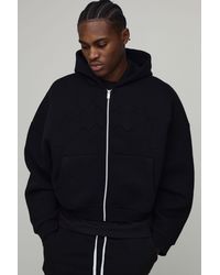 BoohooMAN - Oversized Shrunken Boxy Embossed Gothic Zip Thru Hoodie - Lyst