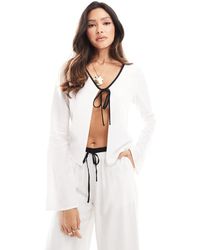 Kaiia - Exclusive Linen Tie Front Contrast Trim Beach Shirt - Lyst