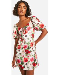 Boohoo - Tall Satin Floral Short Sleeve Mini Dress - Lyst