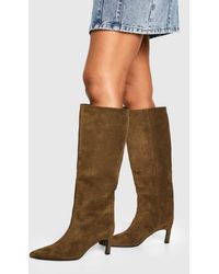 Boohoo - Faux Suede Column Pointed Knee High Heeled Boots - Lyst
