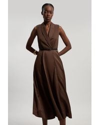 Karen Millen - Premium Viscose Linen Tailored Belted Full Skirted Midi Dress - Lyst
