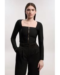 Karen Millen - Pu Tipped Detail Zip Through Bandage Knit Top - Lyst