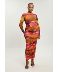 Karen Millen - Plus Size Marbled Print Mesh Ruched Maxi Dress - Lyst