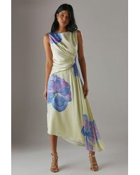Warehouse - Printed Satin Sleeveless Knot Front Asymmetric Hem Midi Dress - Lyst