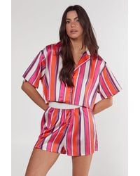 Nasty Gal - Satin Multi Stripe Cropped Shirt And Shorts Pajama Set - Lyst