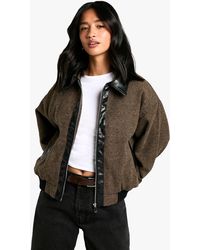 Boohoo - Petite Pu Trim Wool Look Bomber Jacket - Lyst