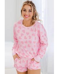 Azura Exchange - Roze Valentijn Hartvorm Print Lange Mouw Top Shorts Lounge Set - Lyst
