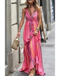 Azura Exchange - Roze Westerse Geprinte Kwast Touw V-hals Wrap Maxi Jurk - Lyst