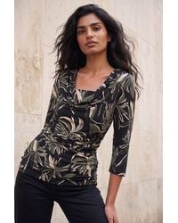 Roman - Leaf Print Gathered Cowl Neck Top - Lyst