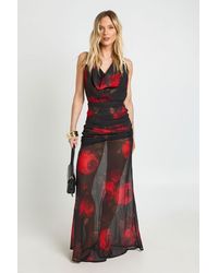 Boohoo - Petite Chiffon Floral Cowl Neck Maxi Dress With Draped Waist Detail - Lyst