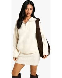 Boohoo - Petite Soft Knit Thick Rib Zip Neck Oversized Jumper And Mini Skirt Set - Lyst