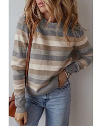 Azura Exchange - Grauer Streifen Farbblock Ribbed Edge Rundhals Pullover - Lyst