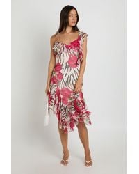 Boohoo - Tall Chiffon Ruffle Detail Floral Asymmetric Midi Dress - Lyst