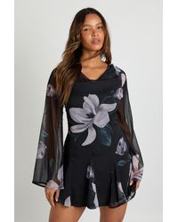 Boohoo - Floral Long Sleeve Chiffon Mini Dress - Lyst