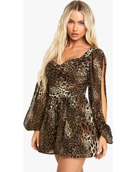 Boohoo - Animal Print Split Sleeve Romper - Lyst