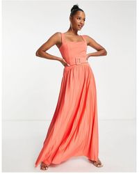 ASOS - Design Square Neck Dropped Waist Belted Pleat Maxi Dress - Lyst