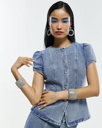 River Island - Top Washed Bling Denim Short Sleeve Cotton - Lyst
