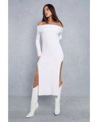 MissPap - Premium Fluffy Bardot Split Leg Maxi Dress - Lyst