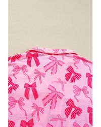 Azura Exchange - Roze Strik Knoop Print Revers Kraag Korte Mouw En Broek Pyjama Set - Lyst