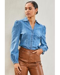 Sosandar - Mid Denim Balloon Sleeve Shirt - Lyst