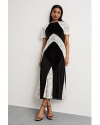 Warehouse - Velvet Lace Panelled Midi Tea Dress - Lyst