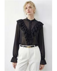 Bianco Lucci - Frilly Mandarin Collar Long Sleeve Chiffon Shirt - Lyst